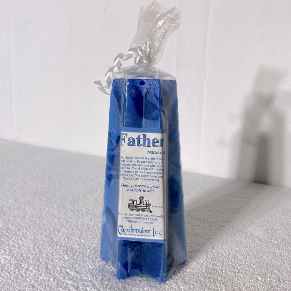 5/$35 Vintage Blue Fathers Day Candle With Pewter Train Treasure Inside Candle
